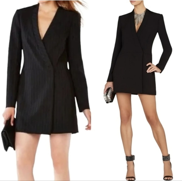 BCBGMaxAzria | Double-Breasted Blazer Jacket Dress, Black Pinstripe - Picture 2 of 11